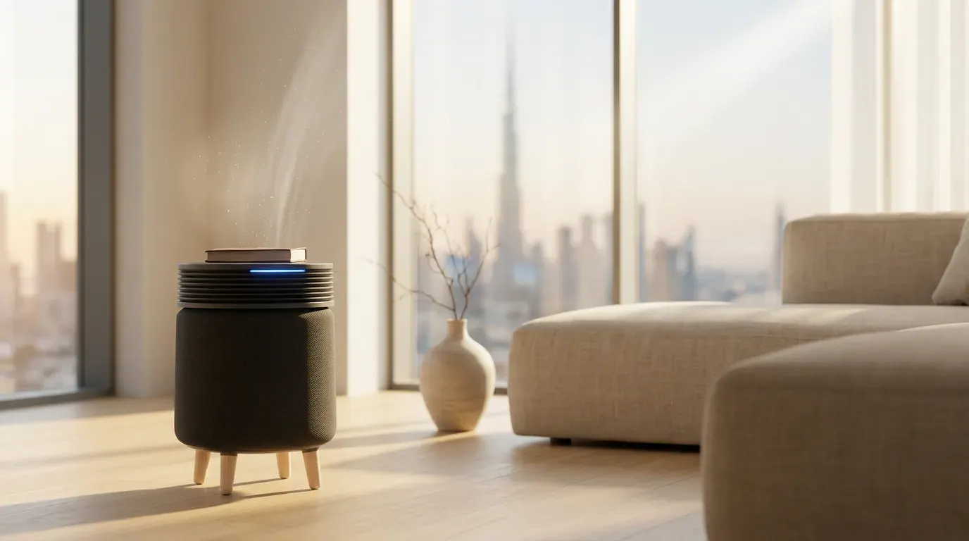 Premium HEPA air purifier in a modern Dubai apartment with skyline view - calibrated for UAE air quality