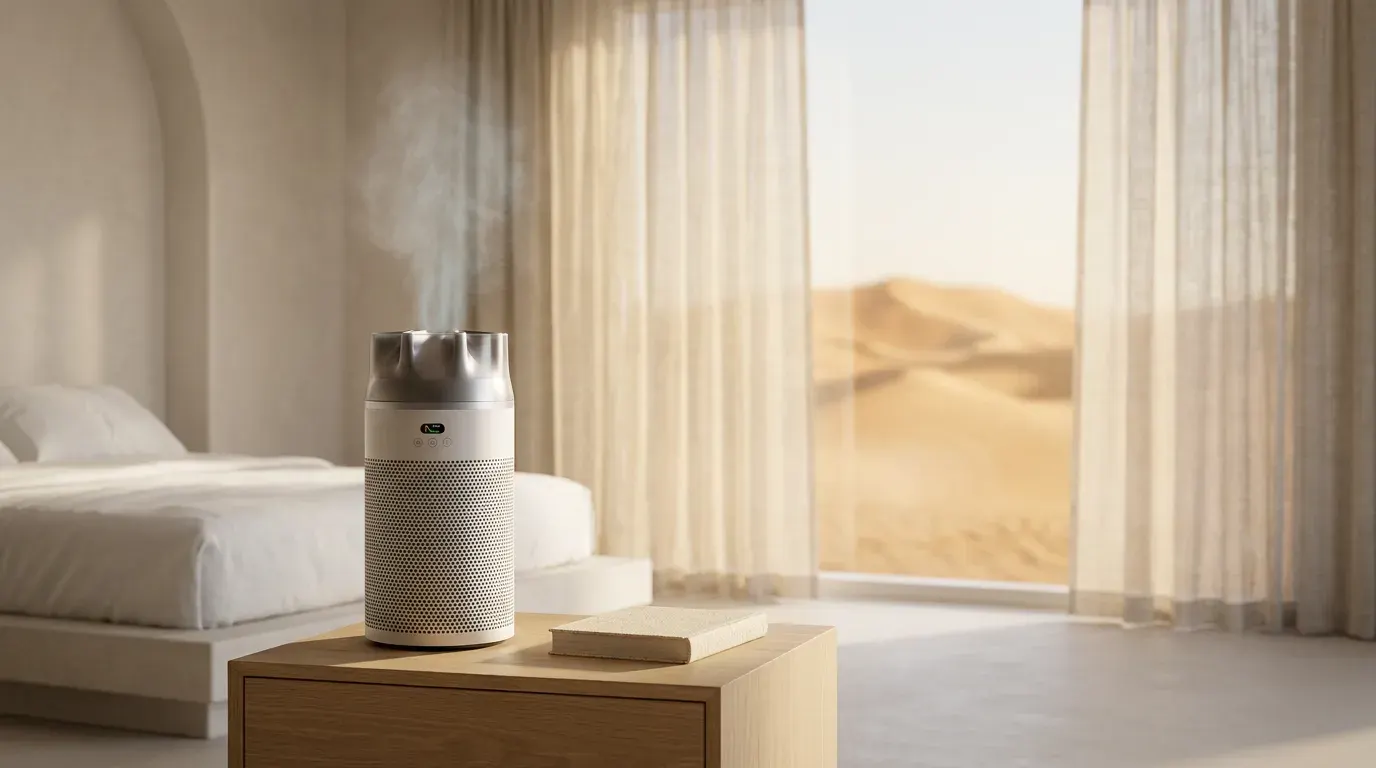 Modern ultrasonic humidifier in a serene Abu Dhabi bedroom - balanced indoor humidity for the desert climate
