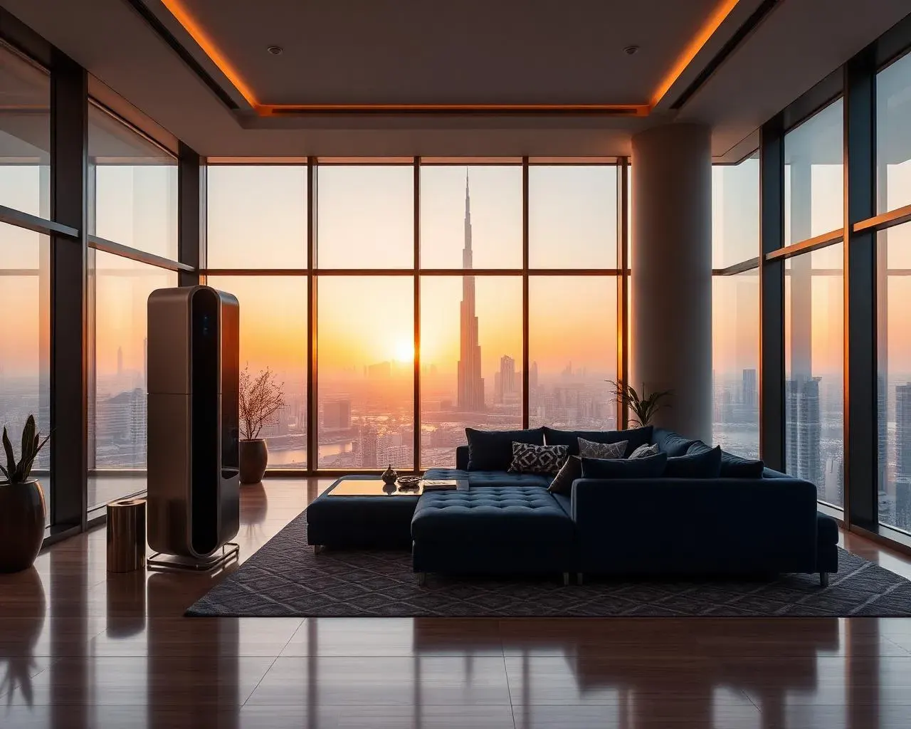 Tall HEPA air purifier in a Dubai penthouse with Burj Khalifa view — coverage 41 to 98 m²