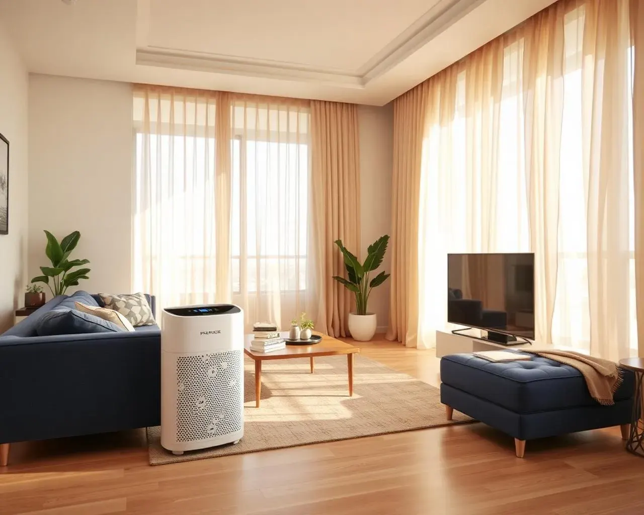 HEPA air purifier in a sunlit Dubai living room — coverage 14 to 41 m²
