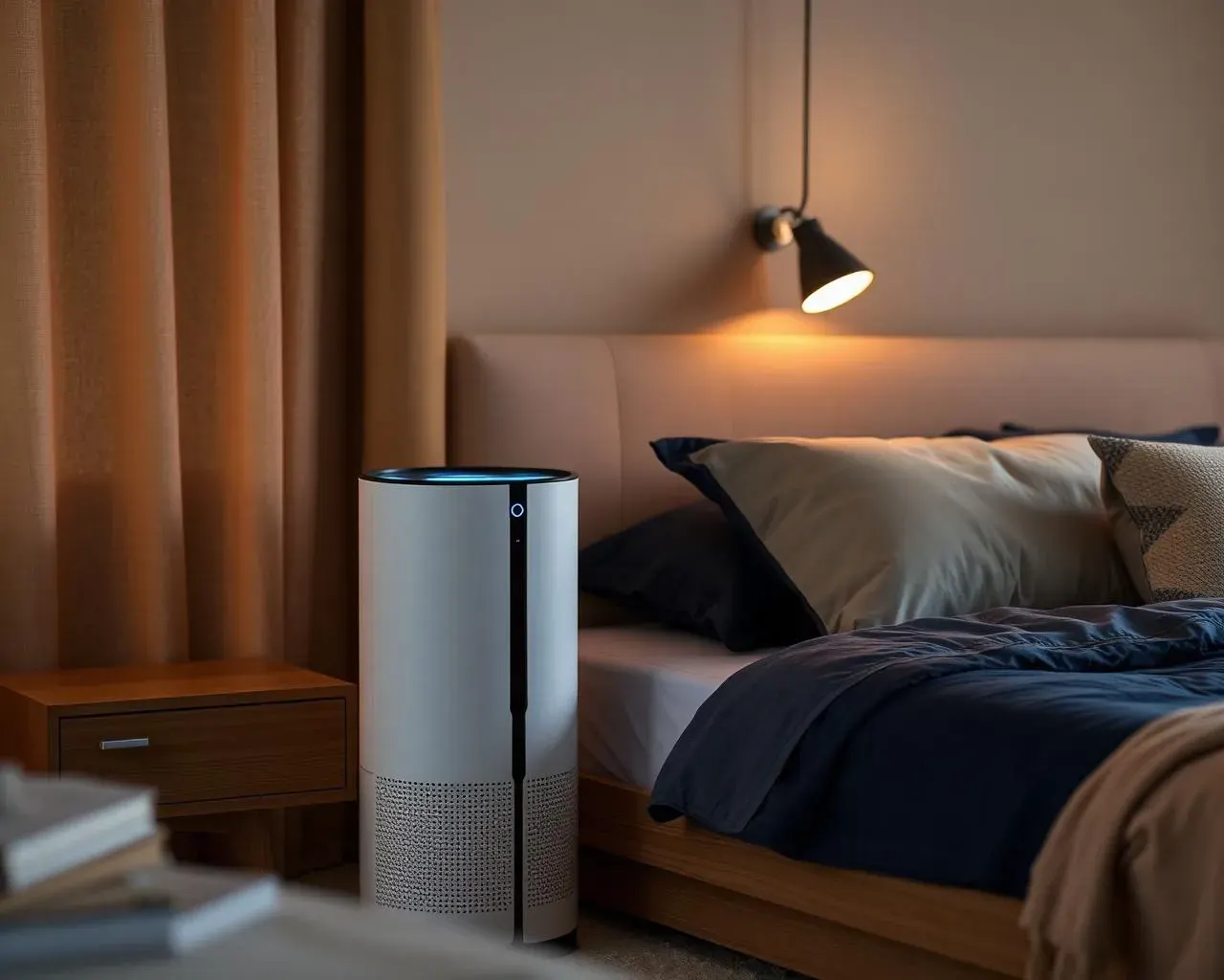 Compact HEPA air purifier beside a bed in a Dubai bedroom — coverage up to 14 m²