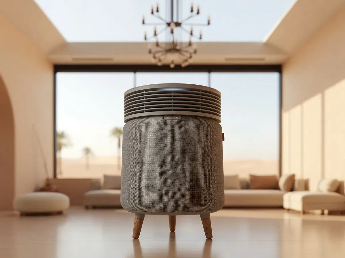 Blueair Signature air purifier on a wooden stand in a UAE majlis interior