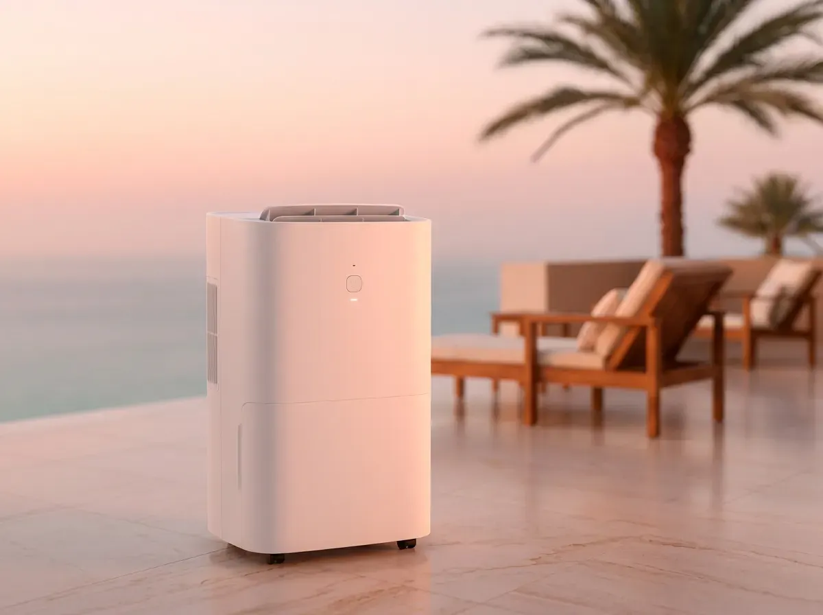 Compact dehumidifier on an Abu Dhabi coastal terrace at sunrise