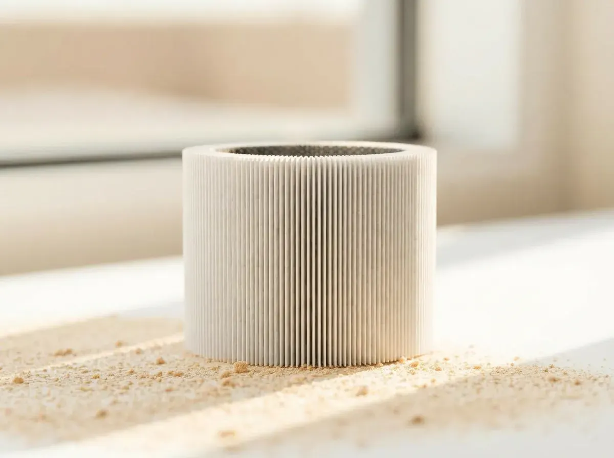 Genuine HEPA H13 replacement filter on a Dubai windowsill with fine desert dust