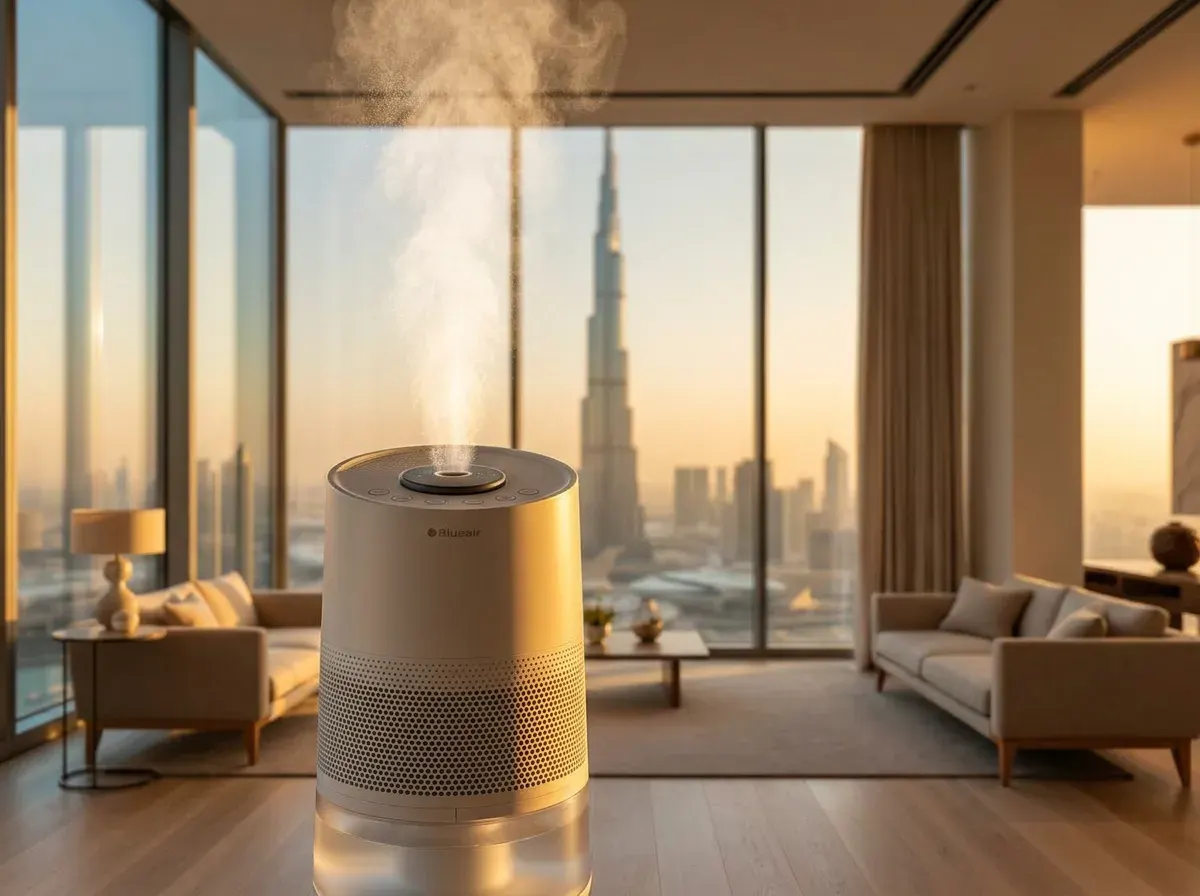 Ultrasonic humidifier in a luxury Dubai apartment overlooking Burj Khalifa at dusk