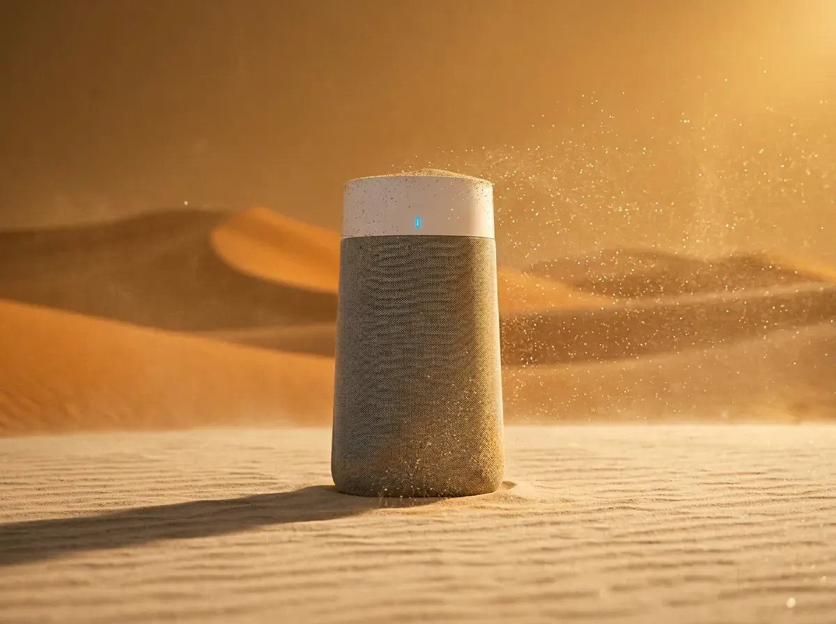 Blueair HEPA air purifier in a Dubai desert sandstorm at golden hour