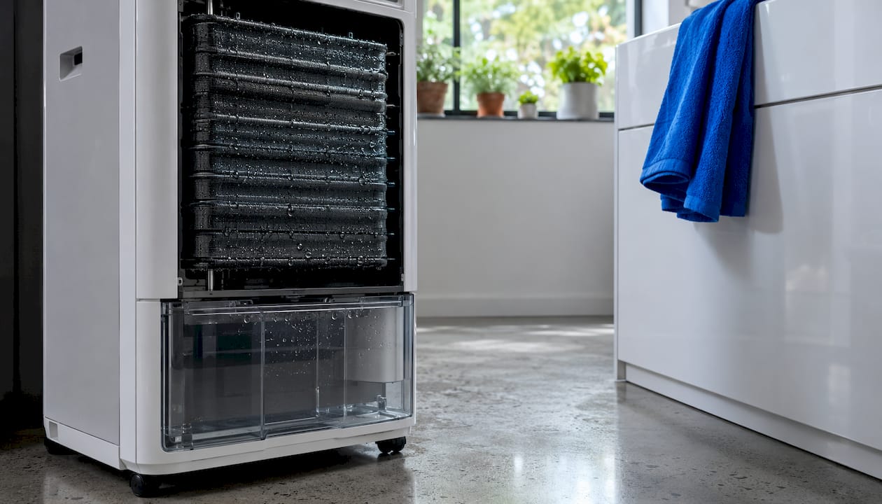 Dehumidifier cold coil and moisture extraction close-up