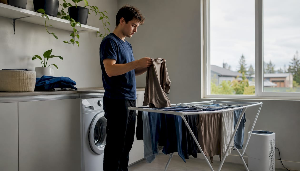Man folding laundry next to running portable dehumidifier