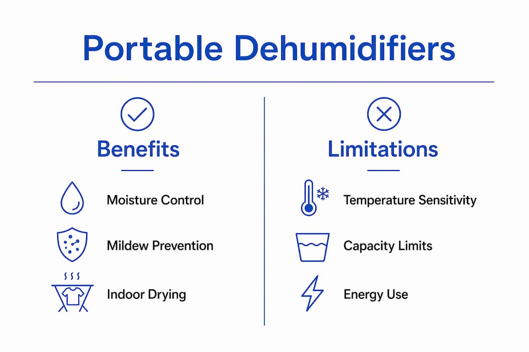 Infographic showing benefits and limitations of portable dehumidifiers