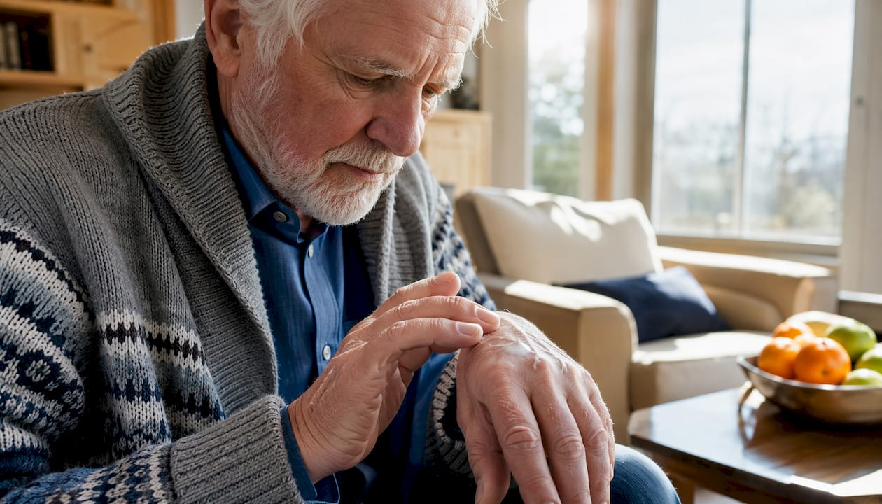 Elderly man moisturizing dry hands in kitchen