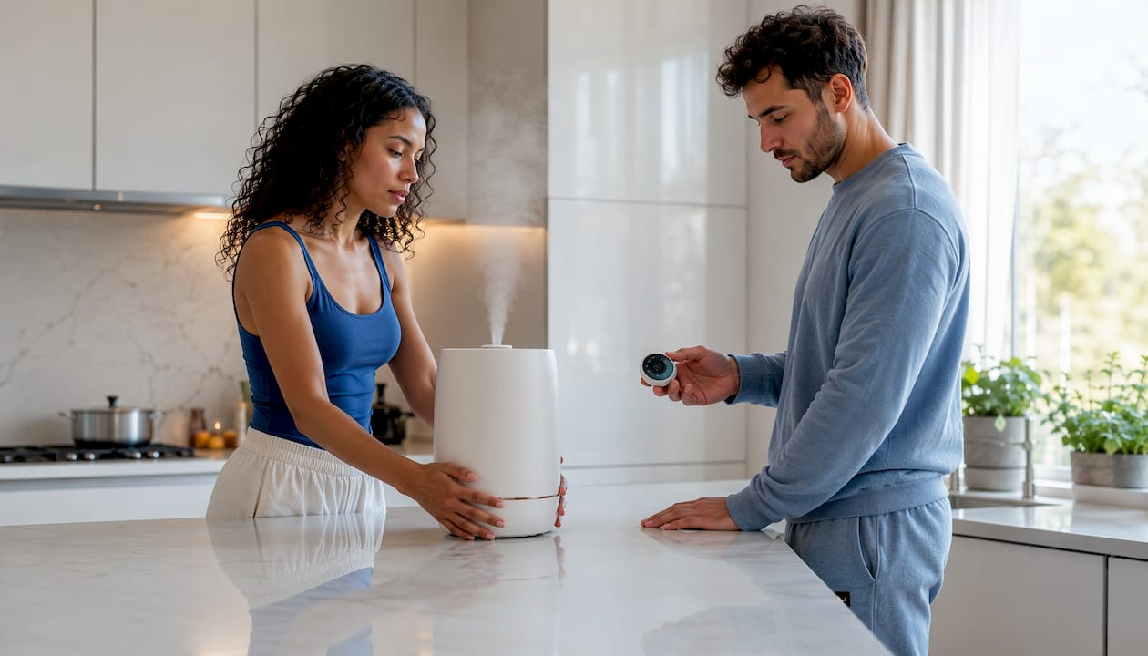 Couple positioning humidifier in living room