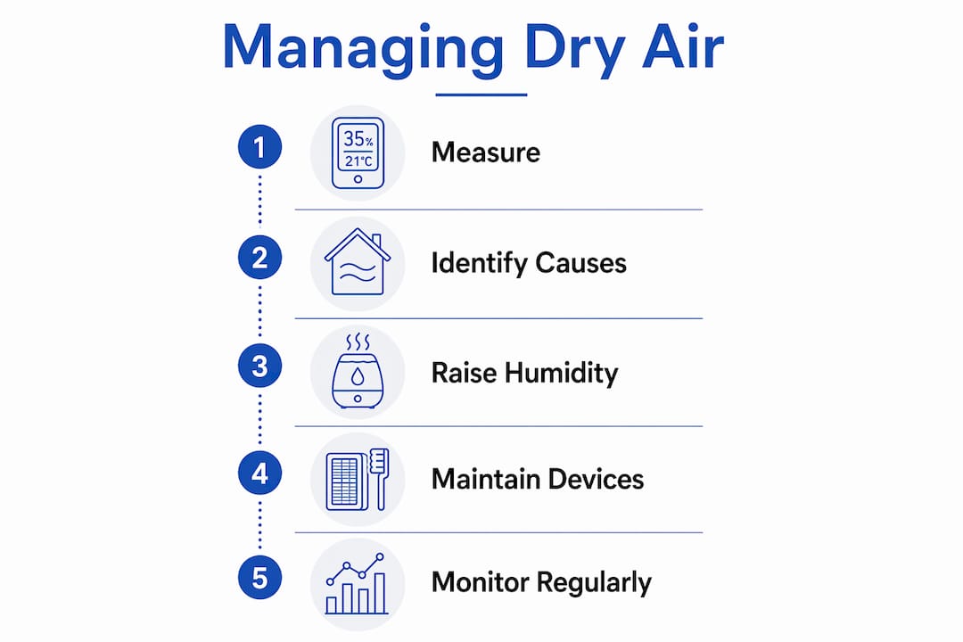Infographic illustrating steps to manage dry indoor air