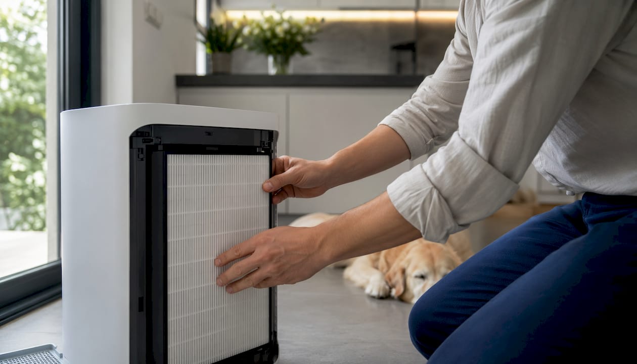 Hands changing HEPA filter in air purifier
