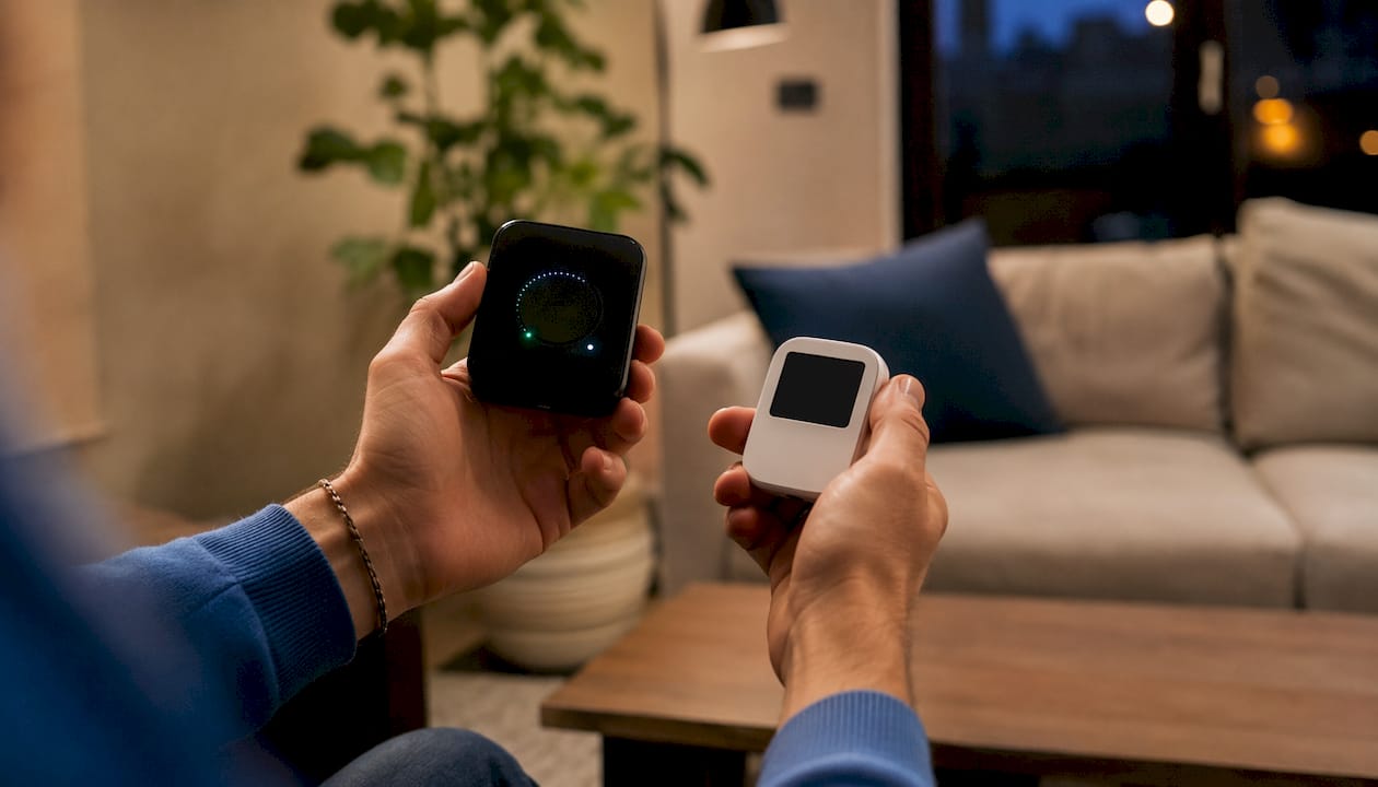 Close-up hands comparing air quality monitors