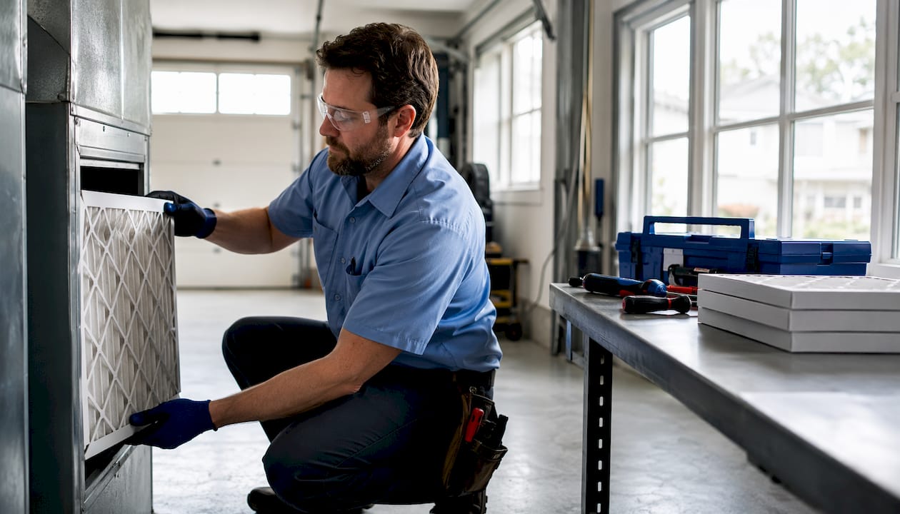 Technician installing large HVAC air filter system