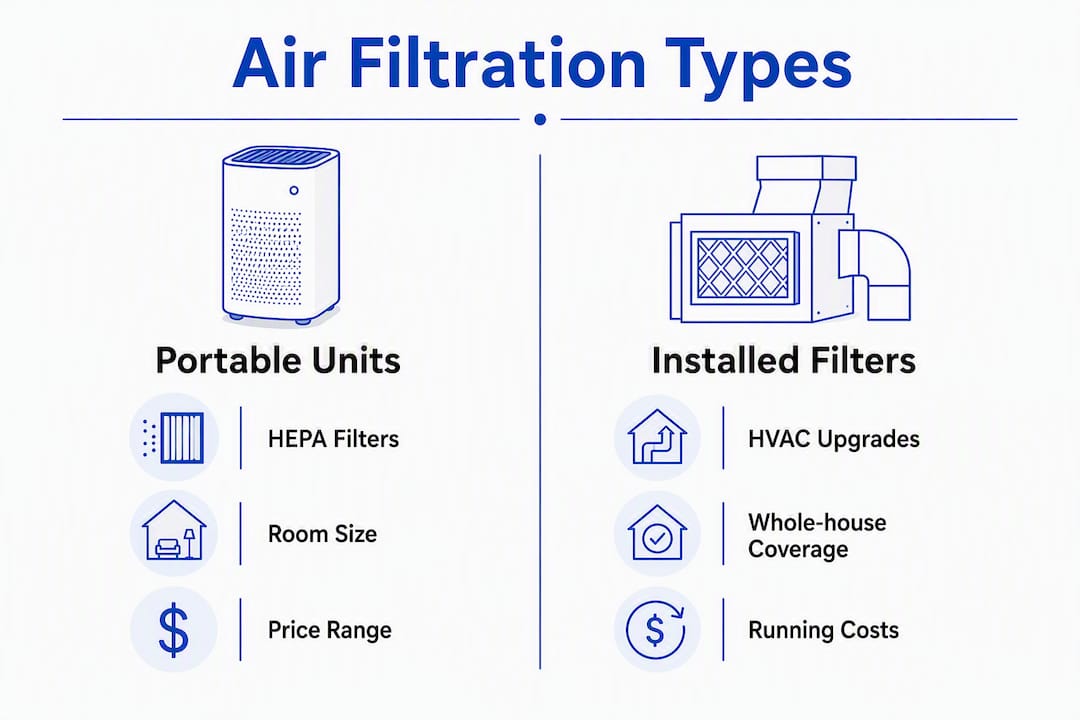 Infographic comparing portable and installed air filtration types
