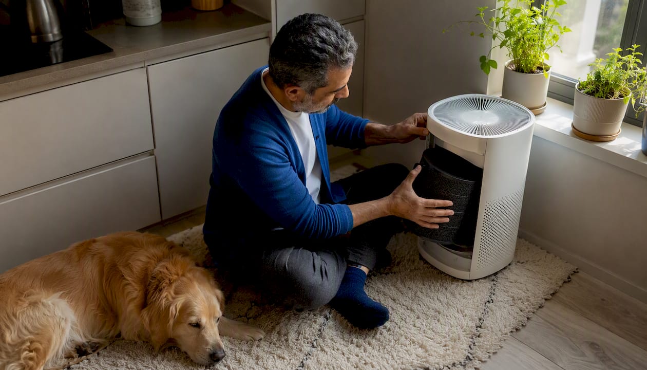 Man changing air purifier filter by pet