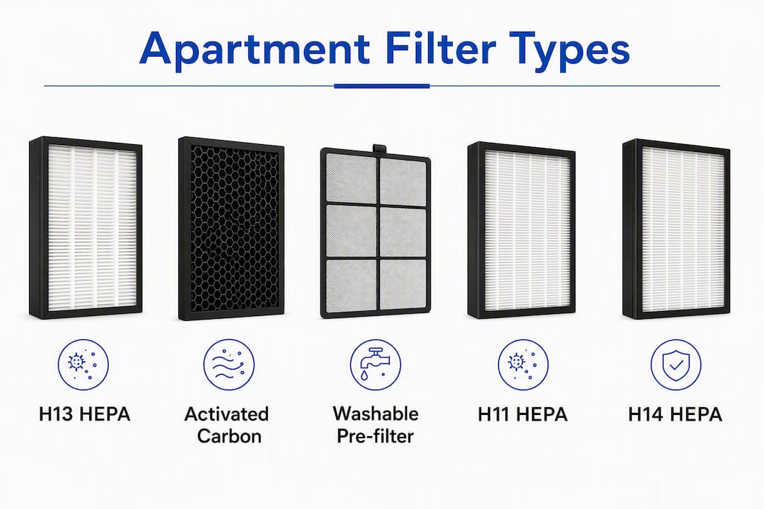 Infographic of apartment air filter types and hierarchy