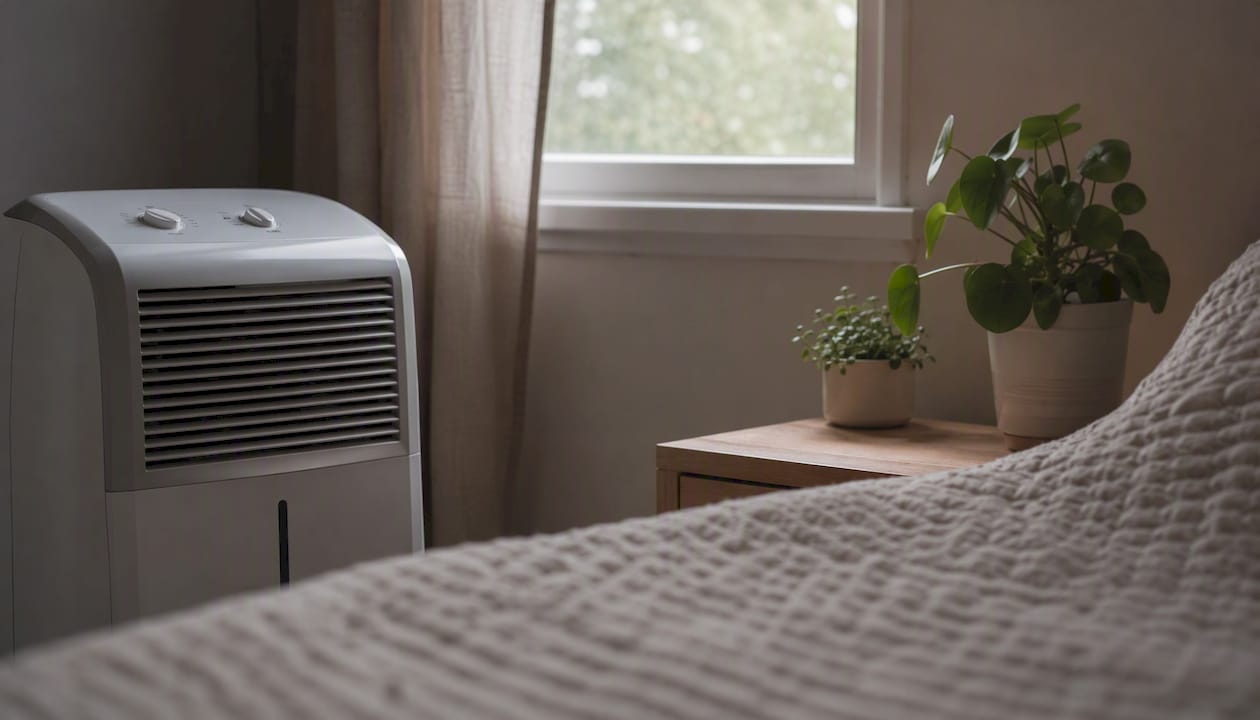 Detail of portable refrigerant dehumidifier in warm room