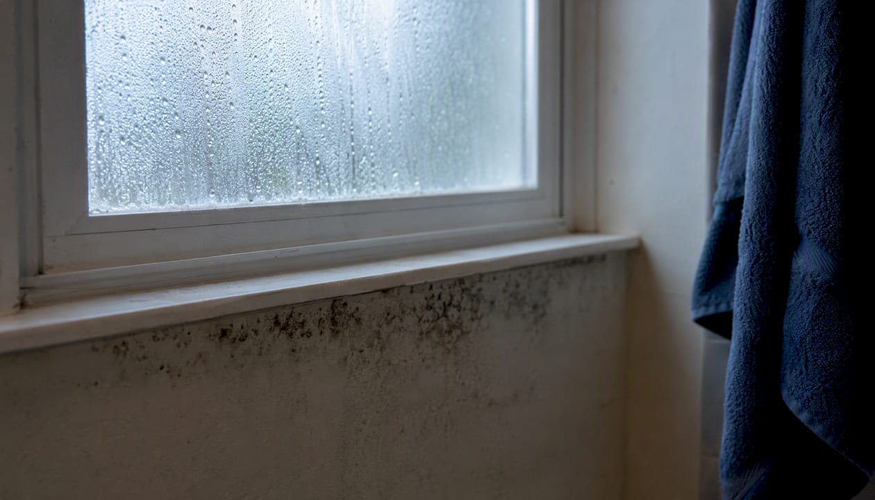 Bathroom window with condensation and mold growth