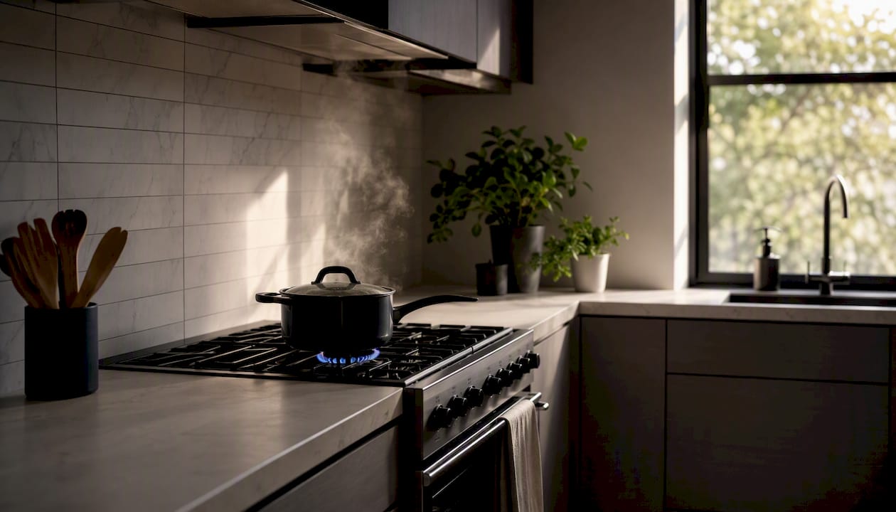 Gas stove burner with blue flame in kitchen