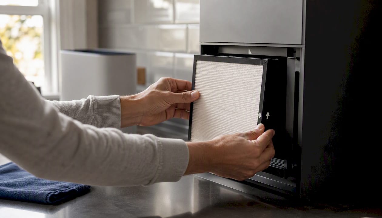 Hands fitting air purifier filter with arrow label