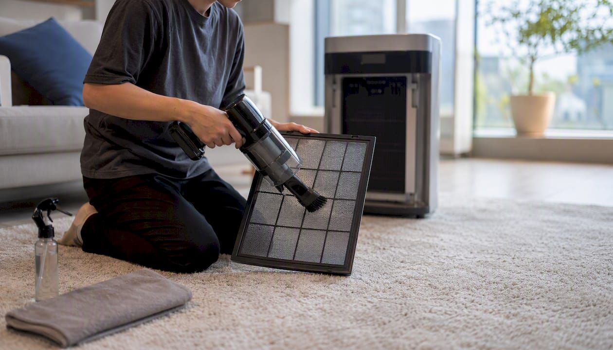 Cleaning air purifier pre-filter mesh with vacuum