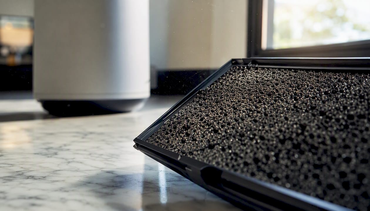 Activated carbon air purifier filter close-up