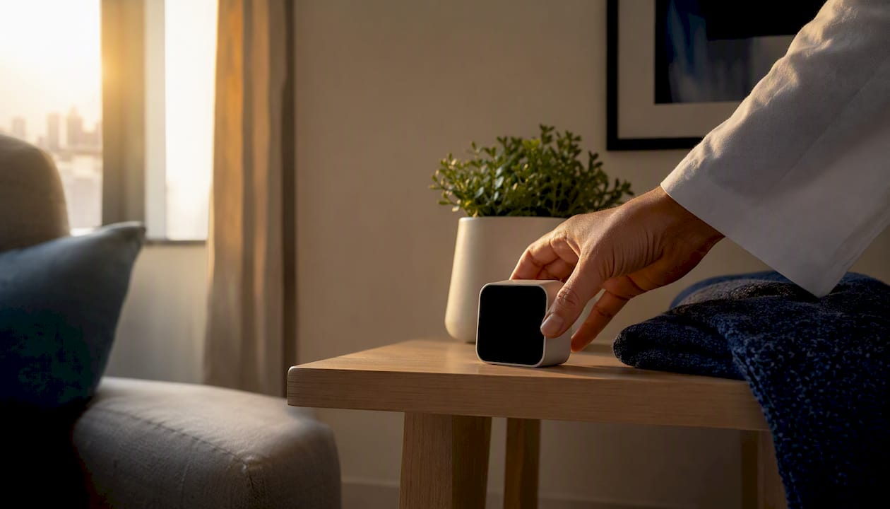 Hand adjusting air quality monitor at breathing height indoors