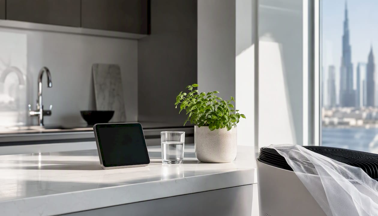 Air quality monitor beside air purifier in modern room
