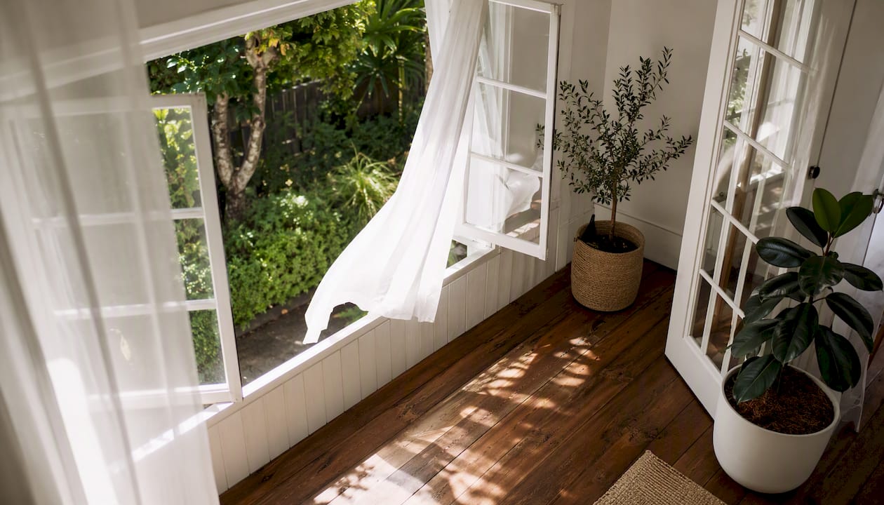 Open windows creating cross ventilation in living room