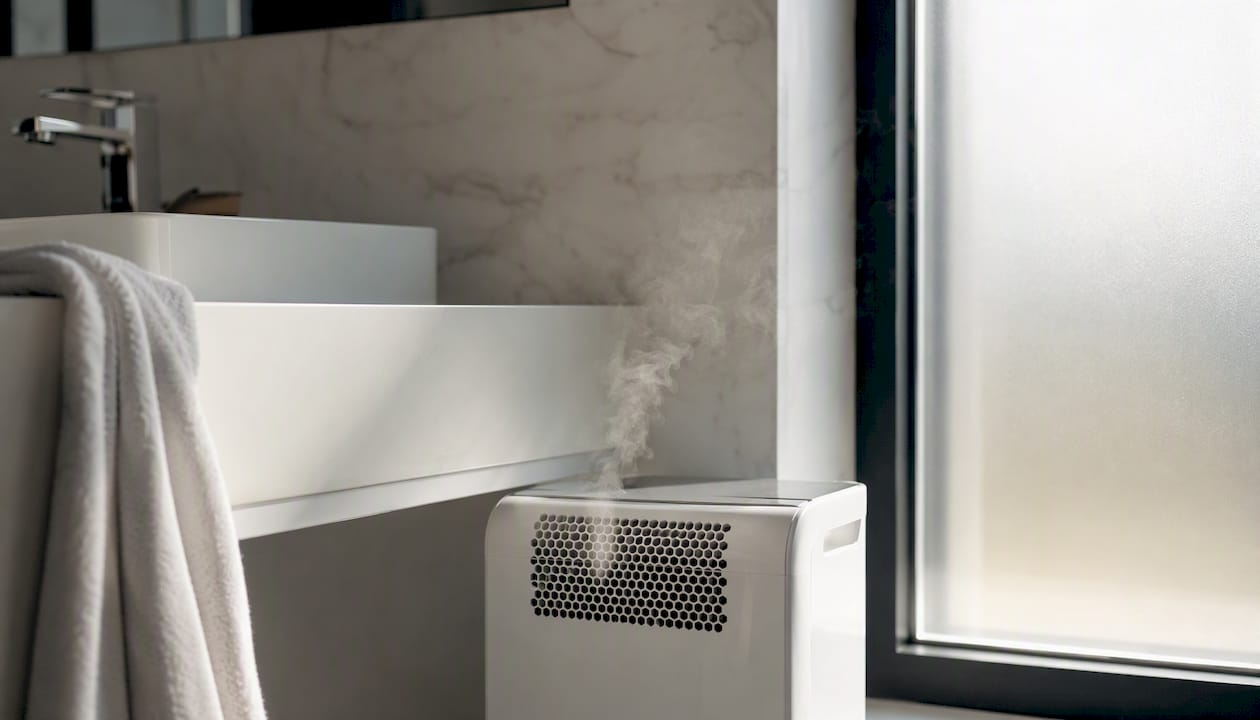 Compact dehumidifier working in apartment corner