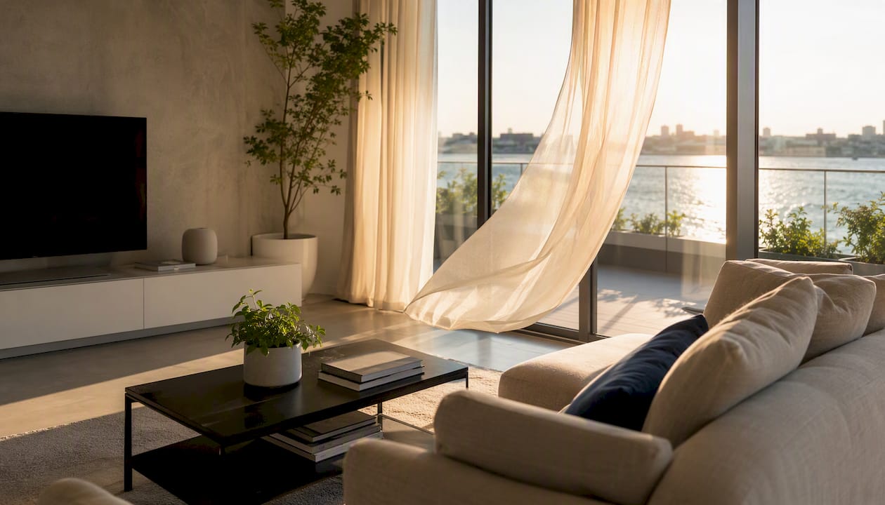 Kitchen with fresh air from open window and light curtains