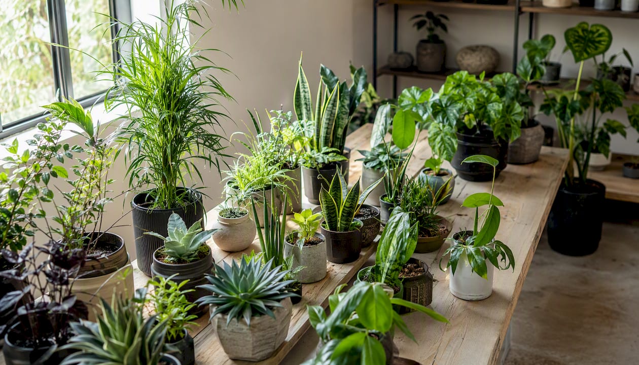 Mixed houseplants showing varied leaf textures