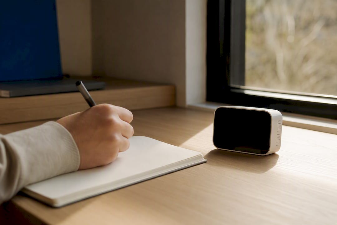 Hand writing notes near air quality monitor