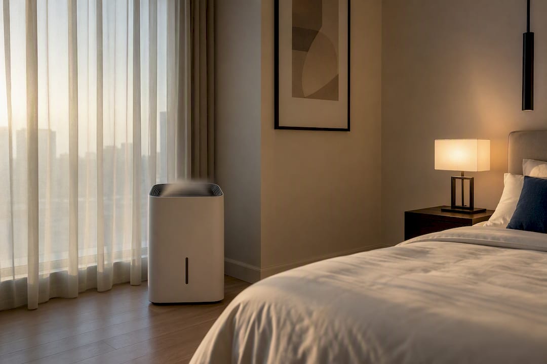 Portable dehumidifier in modern bedroom