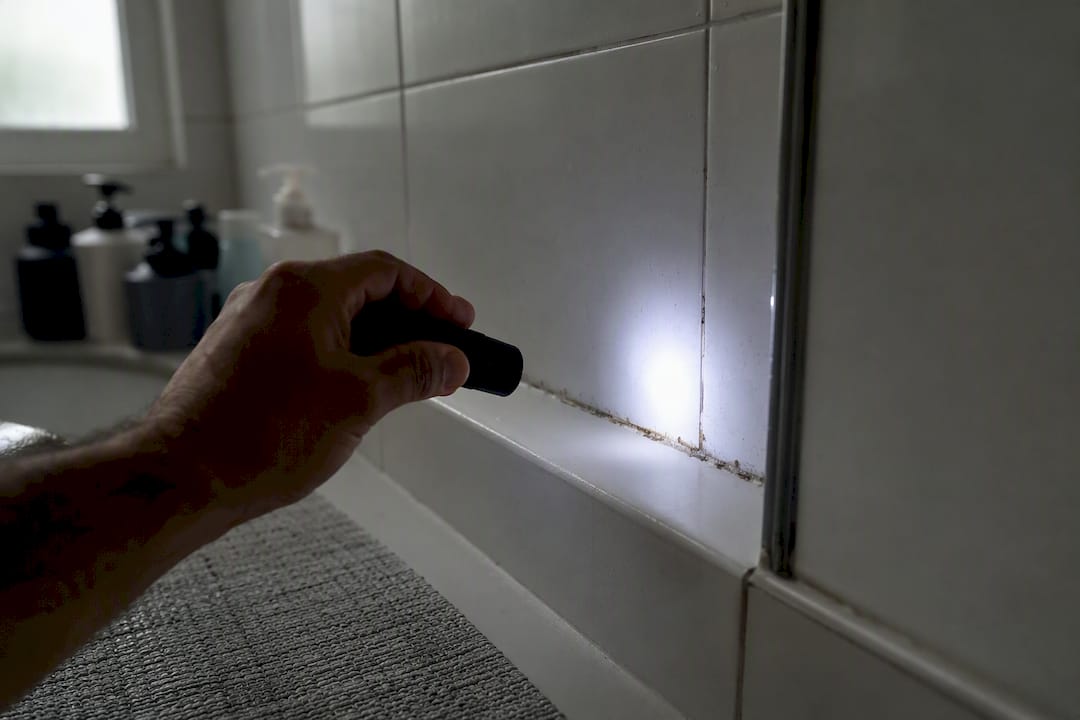 Inspecting mould on shower grout
