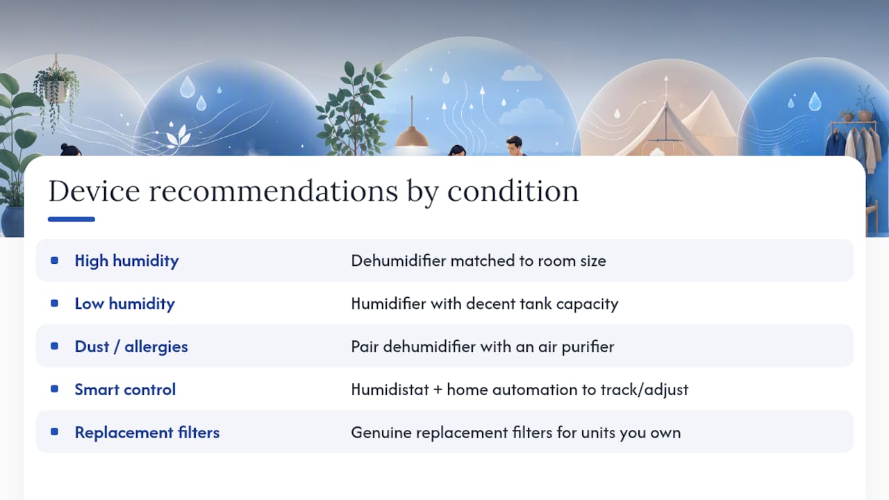 Where to find reliable dehumidifiers, humidifiers and filters — overview diagram