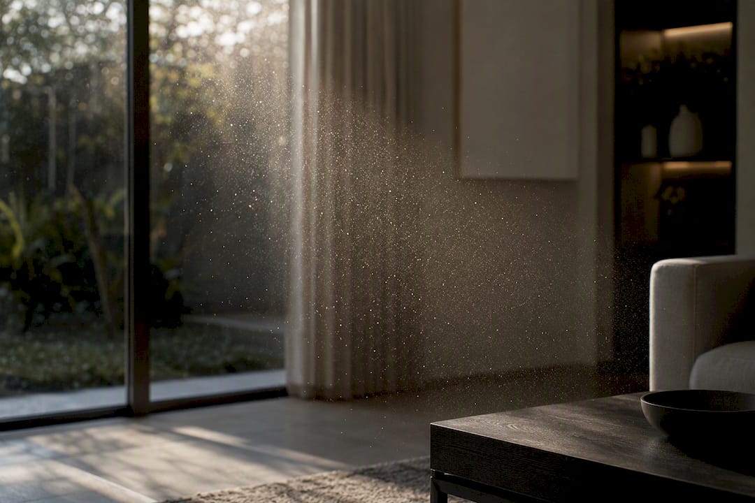 Close-up of airborne particulate matter indoors