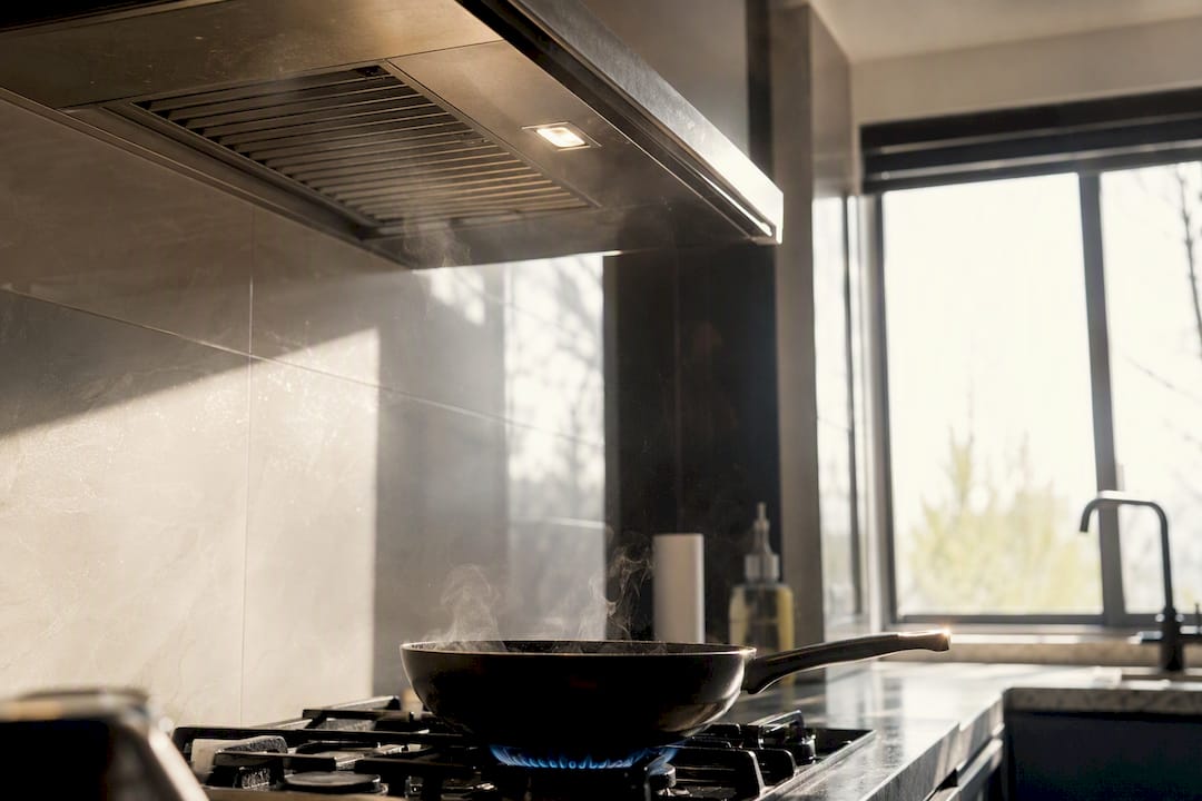 Gas stove with ventilation exhaust hood running