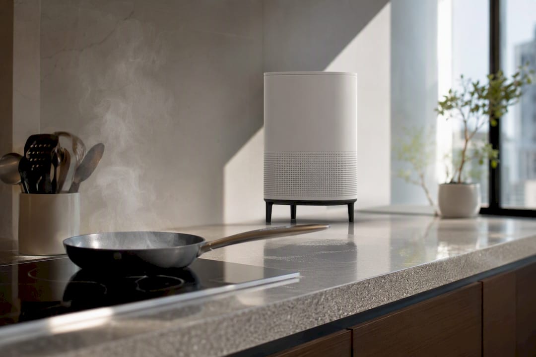 Air purifier near cooktop in kitchen
