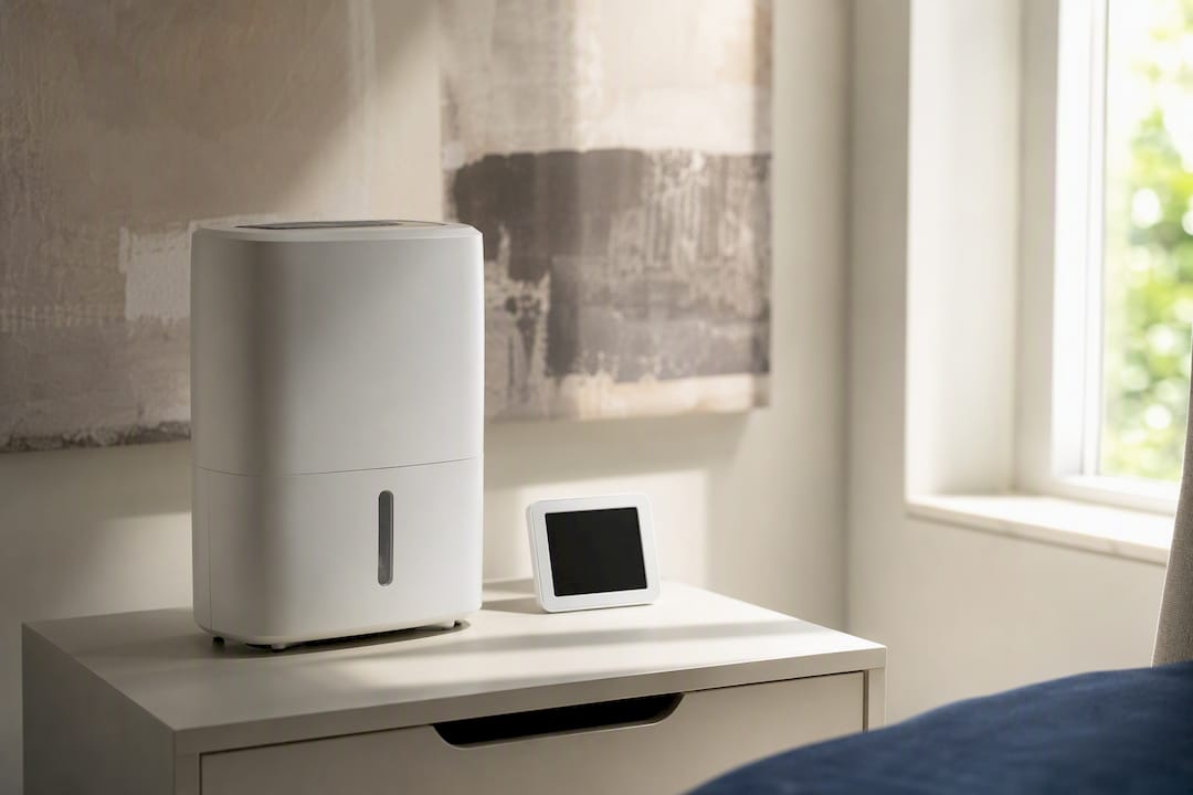 Dehumidifier and hygrometer on table corner