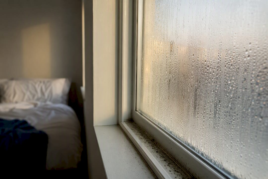 Condensation droplets on bedroom window glass