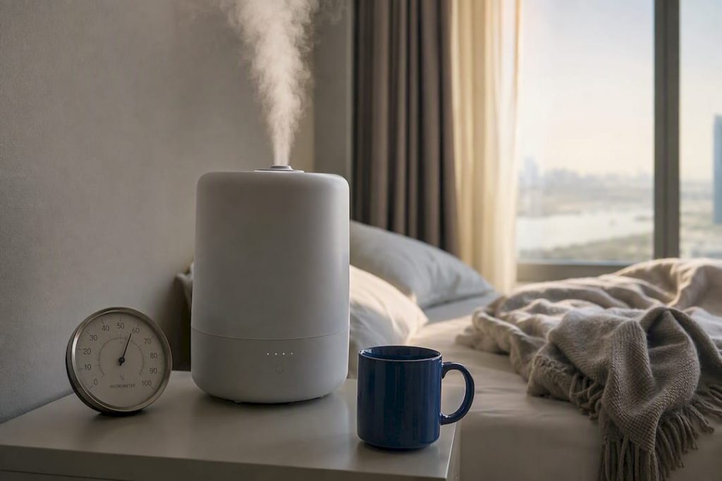 Sleep with a humidifier safely in UAE bedrooms at 30–50% RH