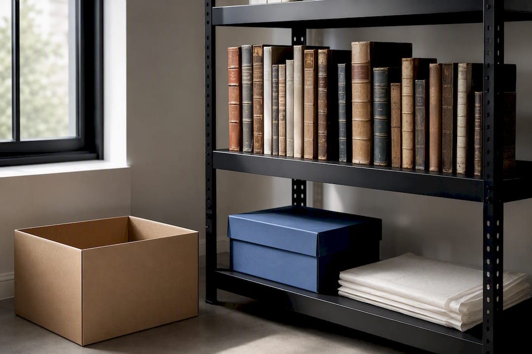 Books spaced on metal archival shelving