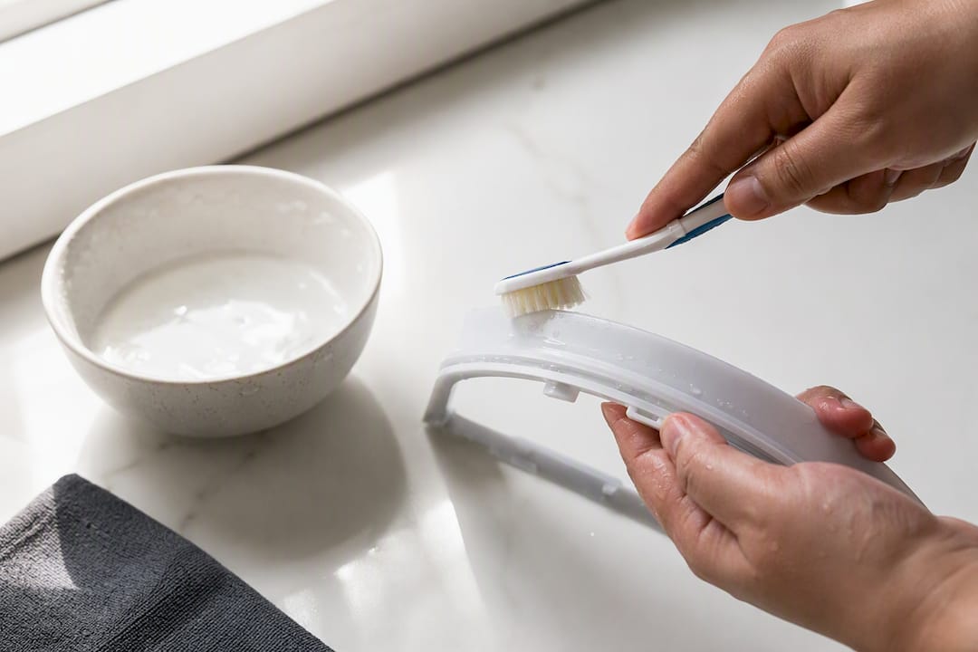 Toothbrush scrubbing humidifier tank edge
