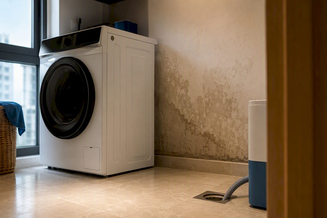 Moisture-control unit positioned near laundry source