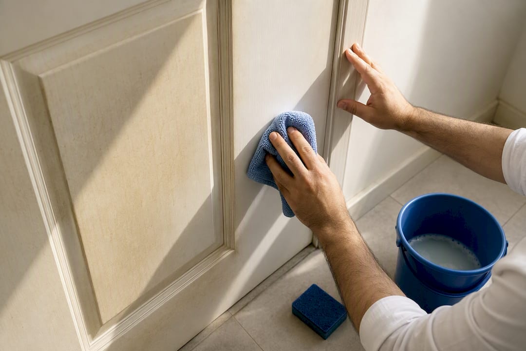 Hands cleaning smoke residue from interior door