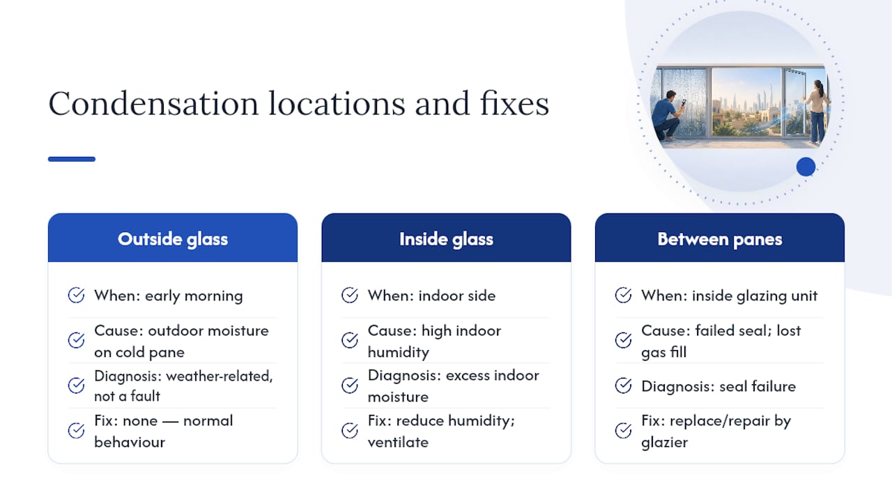 Three window condensation locations and diagnoses