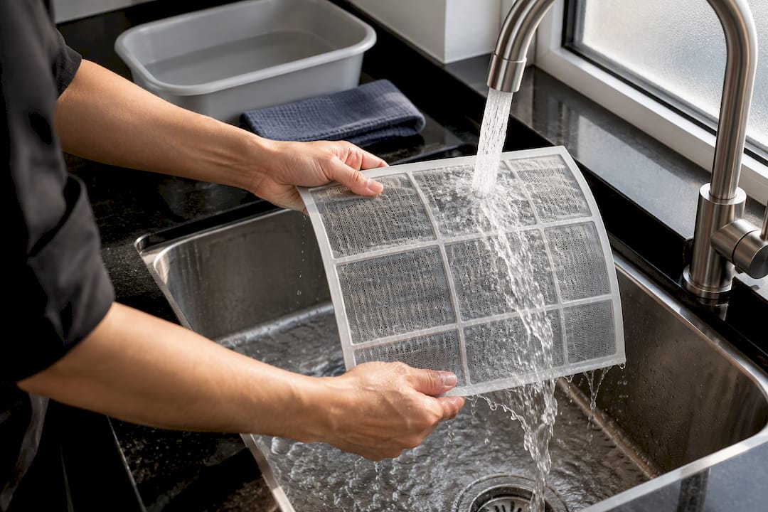 Hands rinsing a removable air filter